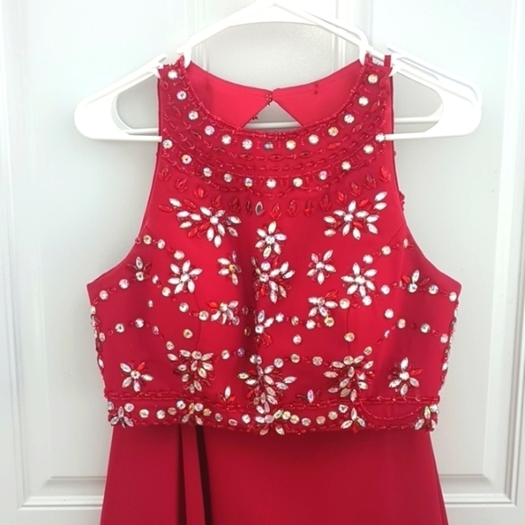 Two piece formal prom bejeweled rhinestone red dress - Picture 4 of 13